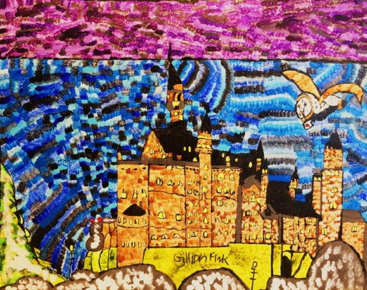 painting made of many small square shaped brush strokes, depicting a castle with owl carrying a letter flying overhead.