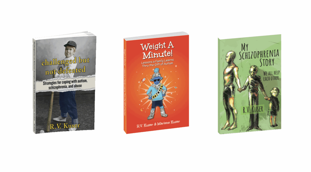 3 book covers by RV Kuser: "Challenged But Not Defeated", "Weight A Minute" and "My Schizophrenia Story"