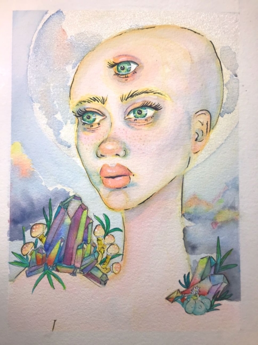 Watercolor and ink painting “Untitled” Woman with three eyes moon in background with crystals on shoulder looking into the future