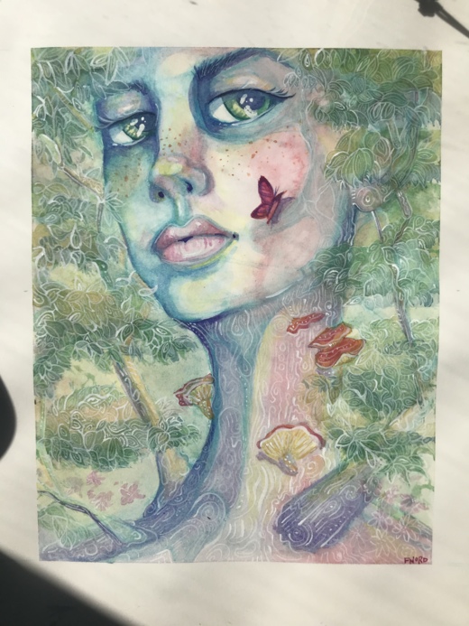 “Mother Nature” Watercolor and ink on paper of a woman who is also a tree