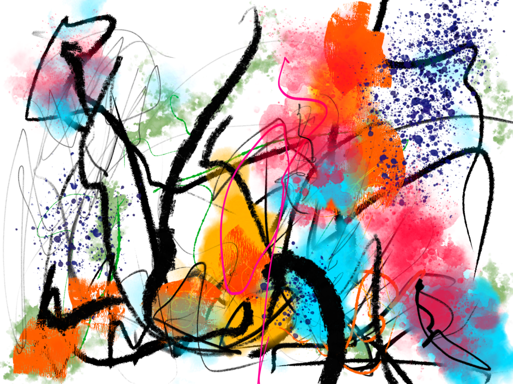 Abstract expressionist digital painting created using Adobe Fresco. Features gestural marks, watercolor washes and splatters, and multiple types of acrylic brushes. Colors used include black, bright pink, orange, bright teal, indigo, light green, marigold yellow.