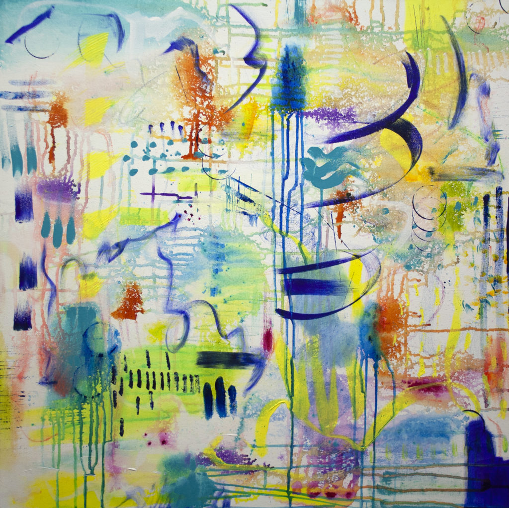 Abstract expressionist painting with gestural marks & drips with a lot of white space throughout. Colors used include indigo, yellow, orange, light green, purple, teal.