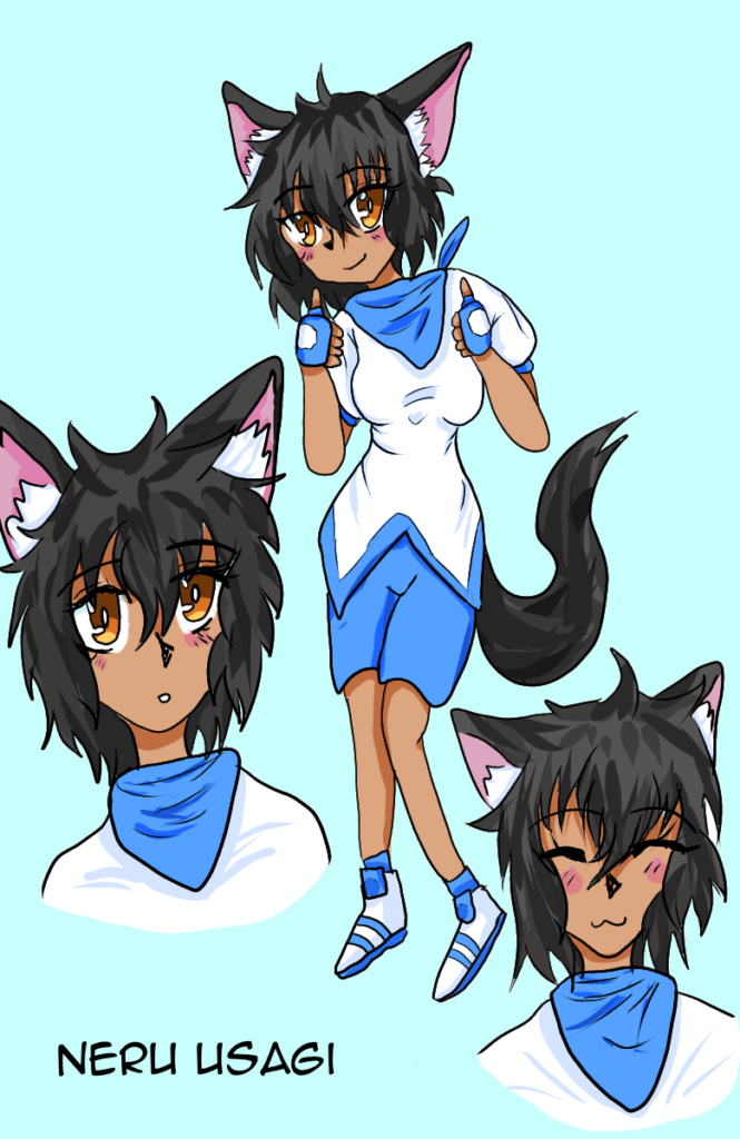 Neru has fox ears, black hair and is wearing a blue and white outfit while smiling and giving a thumbs up. 