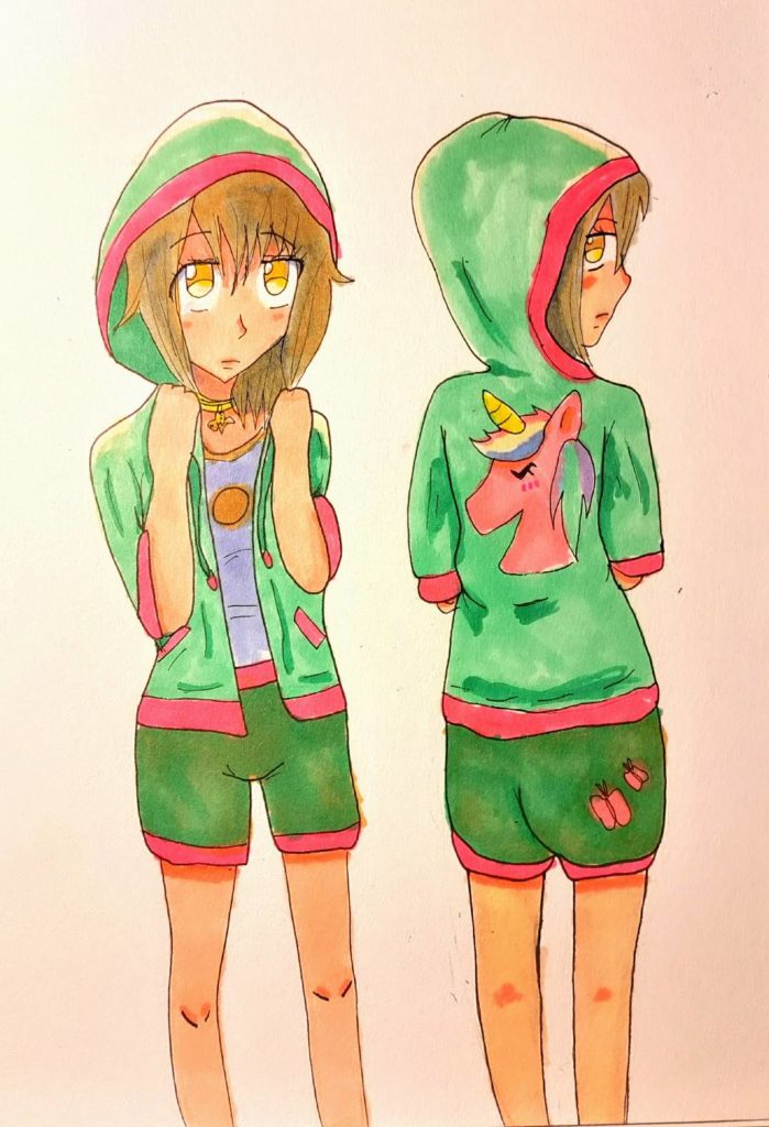 Pyrite has brown hair and is wearing a green hoodie with green shorts and a pink unicorn on the back of the hoodie, There is a front and black image of the character.