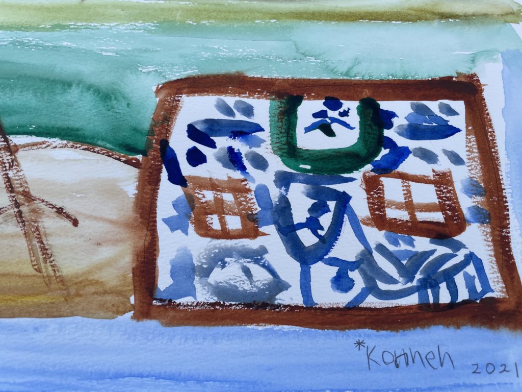 A painting of a building with two windows and blue abstract shapes on the front