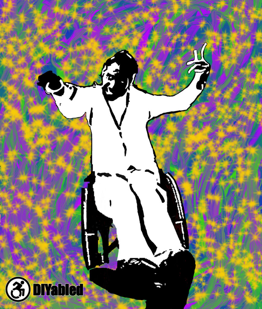 The background is green, purple and yellow spotted, the main image is Black and White. An image of a black man with his hands up dancing while sitting in a wheelchair and smiling. There is a DIYabled logo on the bottom left. The logo is in black and white with an accessible icon with the word DIYabled next to it
