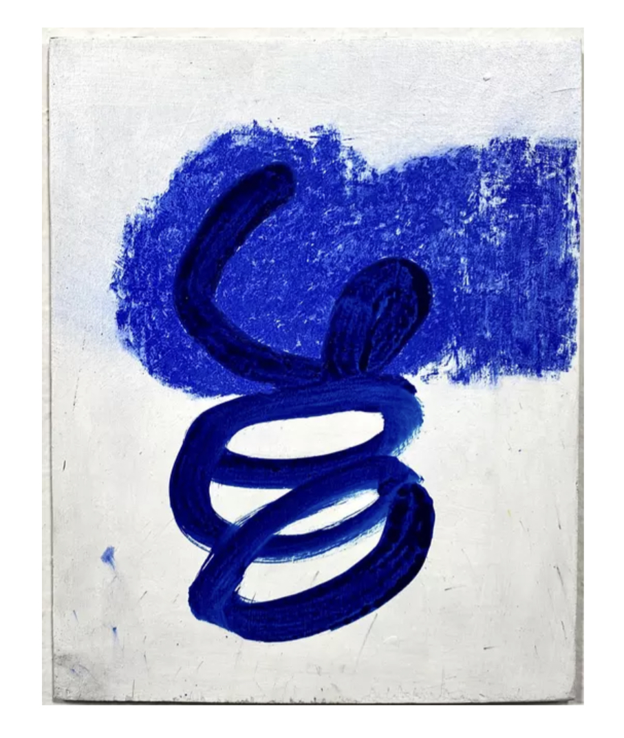 a darker semi translucent blue coiling brush stroke sits in the middle of a painted white panel. Towards the top of the coiling stoke some of the background is filled in around the stroke with bright blue chalk in an incomplete way. There is a very faint blue chalk residue spreading across the top portion of the painting.