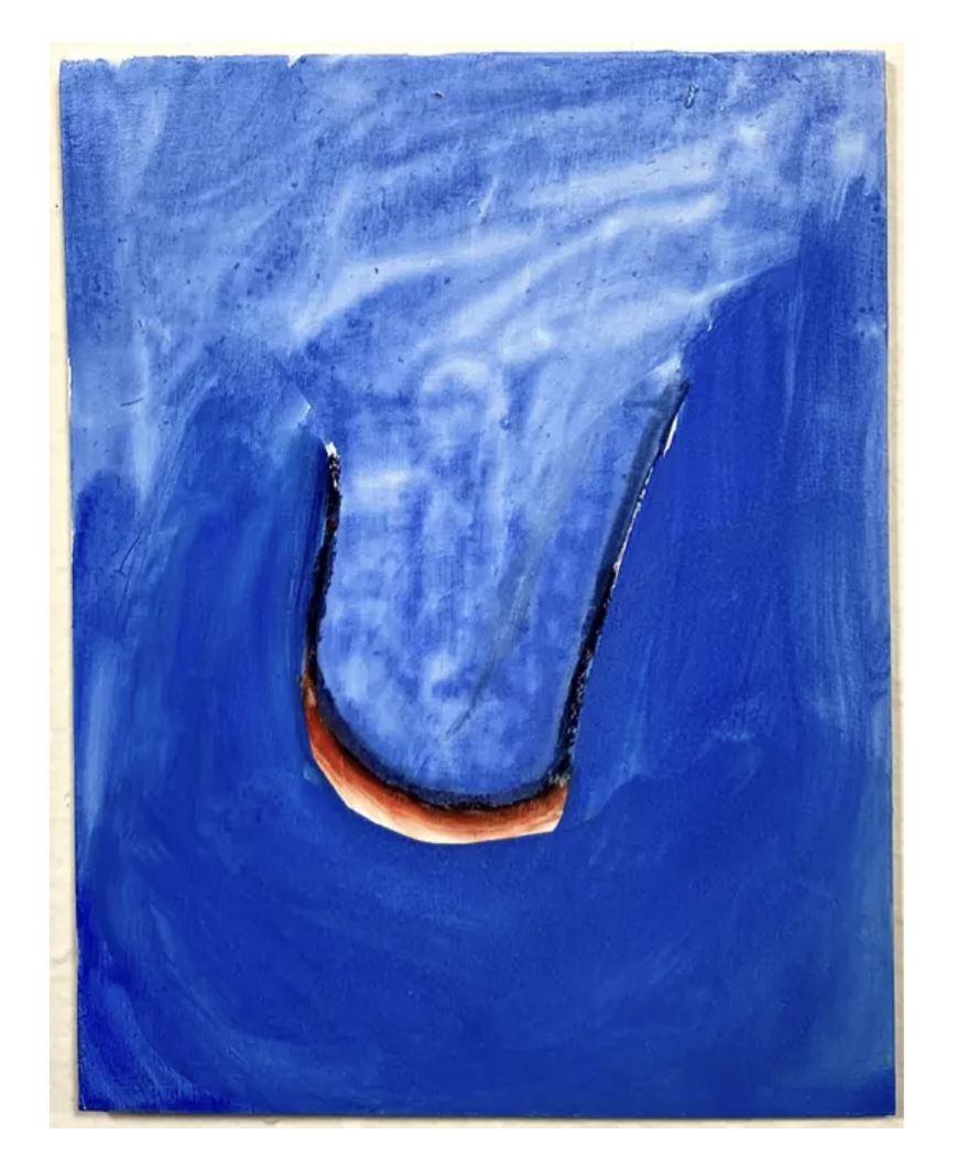 This painting looks like a black U-shape dropped in water. The background is filled with watery blue watercolor. In the center is a thin lined black U-shape made with charcoal. The bottom of the U-shape is lined with a watery orange-red and you can see white coming through around it.