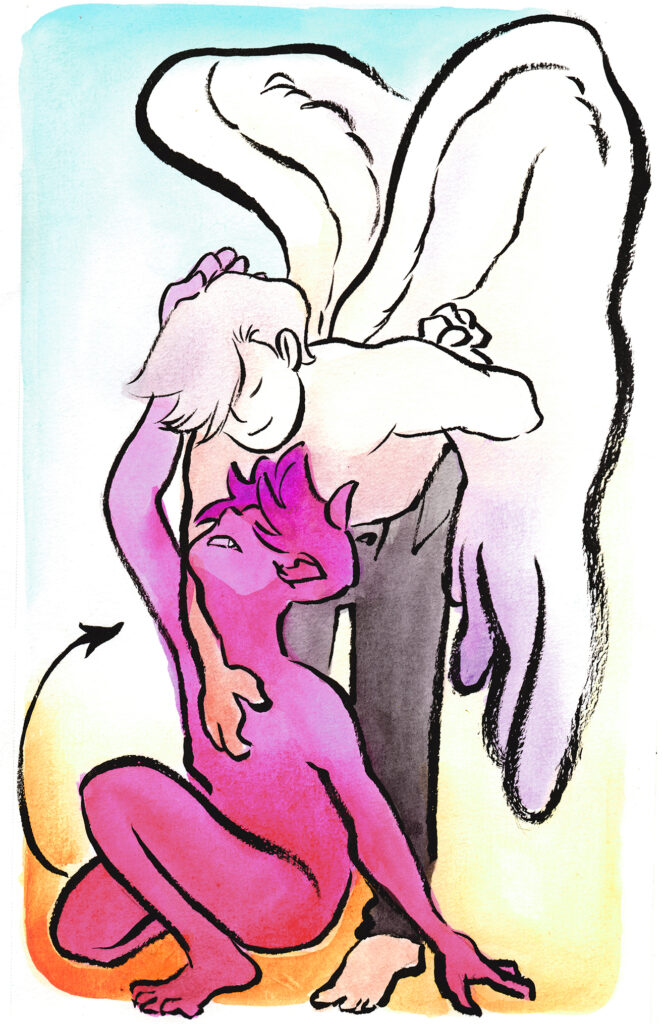 A watercolor and ink work of an angle and a devil. The white angle is bending over at the waist with one hand sliding down the bare chest of the pink devil figure, who is smiling up at the angel from where they are sitting on the ground. The devil's hand reaches up and caresses the angel's hair lovingly.