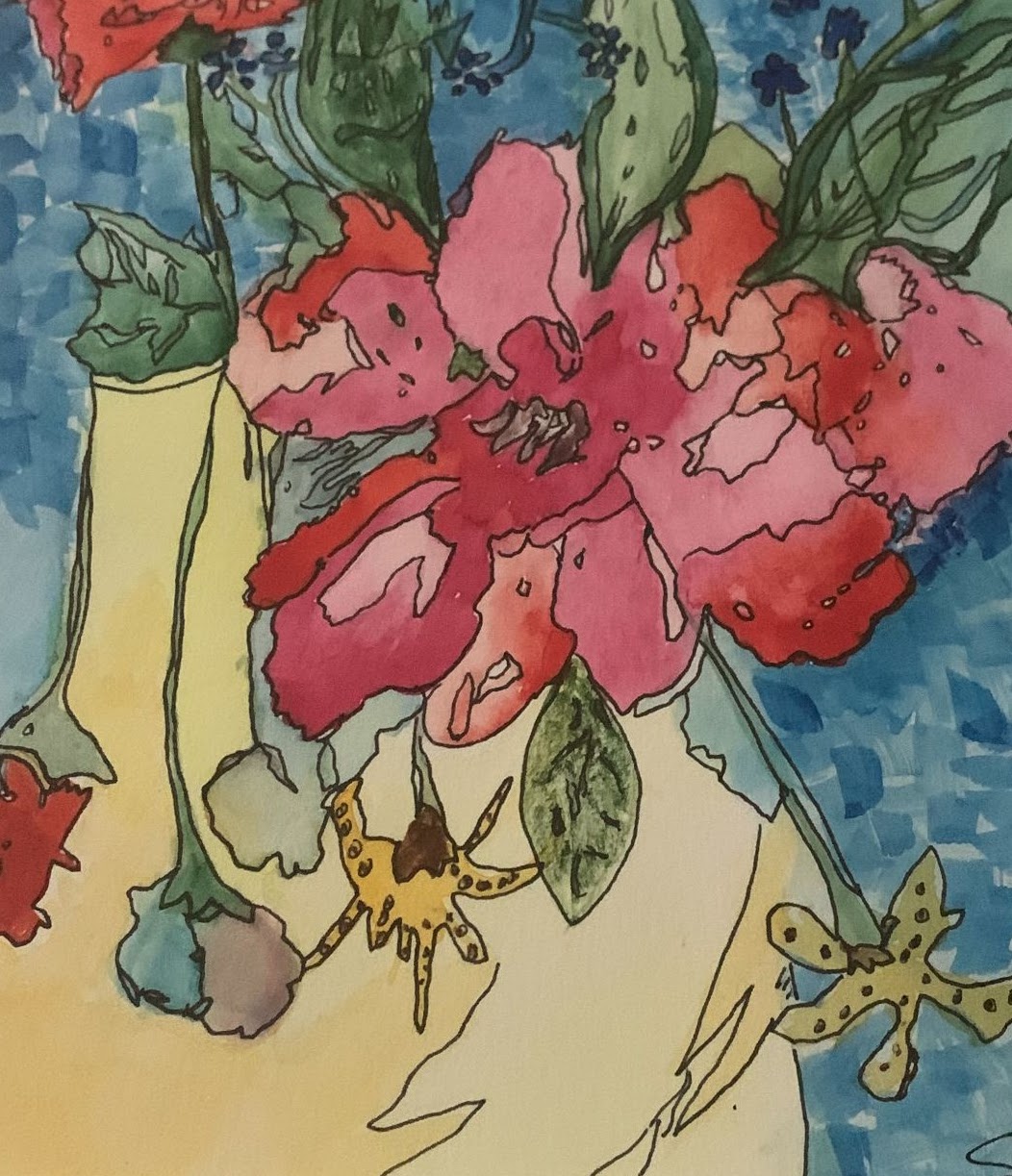 In the center of the page is a large, red flower in a light yellow vase. Green leaves and stems fan out from the large flower and there is a smaller red flower in the top left corner. Some small, wilted yellow and red flowers hang down from the vase, below the big red flower. The background is blue and looks a bit like a mosaic.