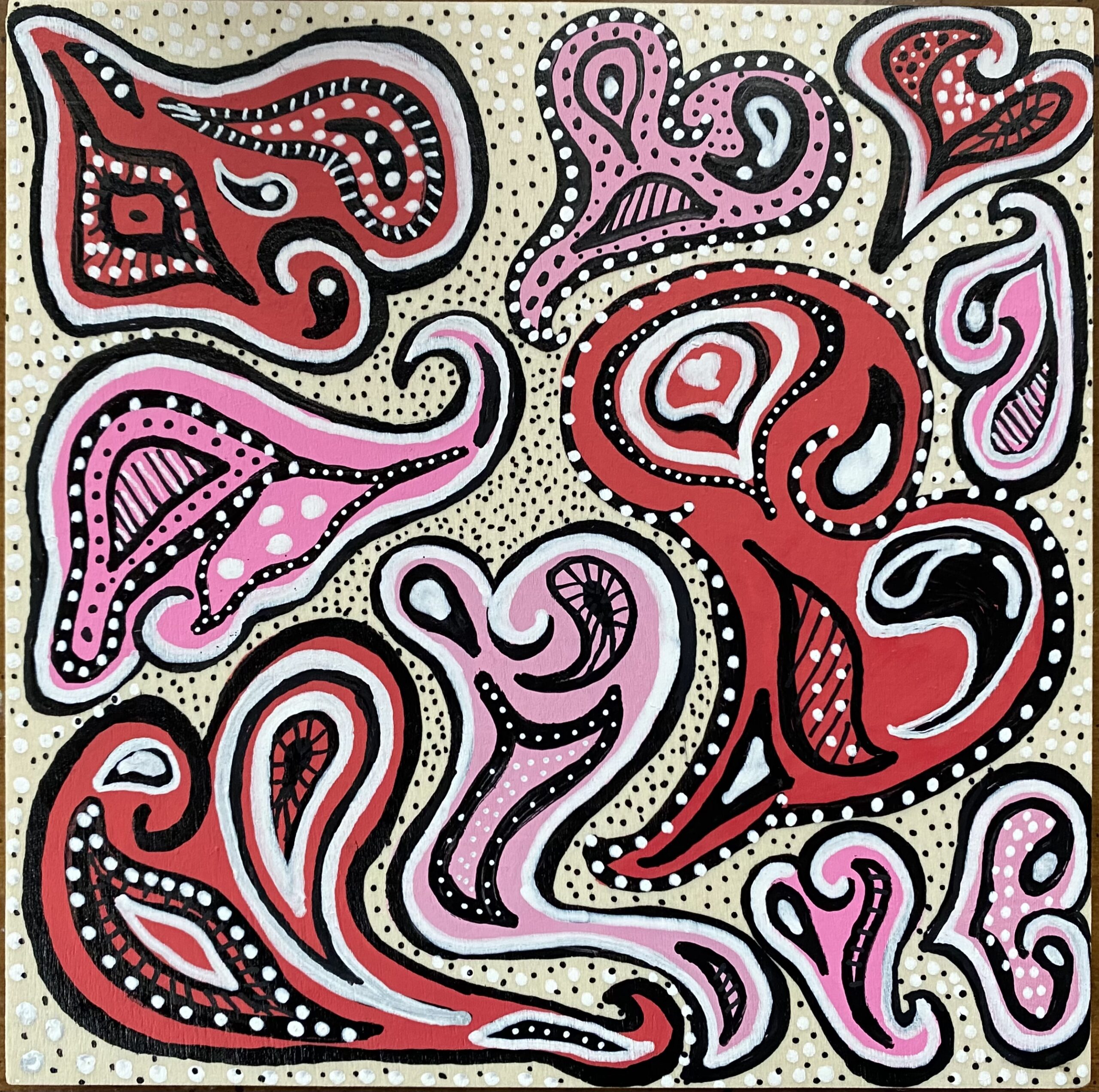 Made for Valentine’s Day. Red, pink and white heart shape fractals swirl around the canvas. 