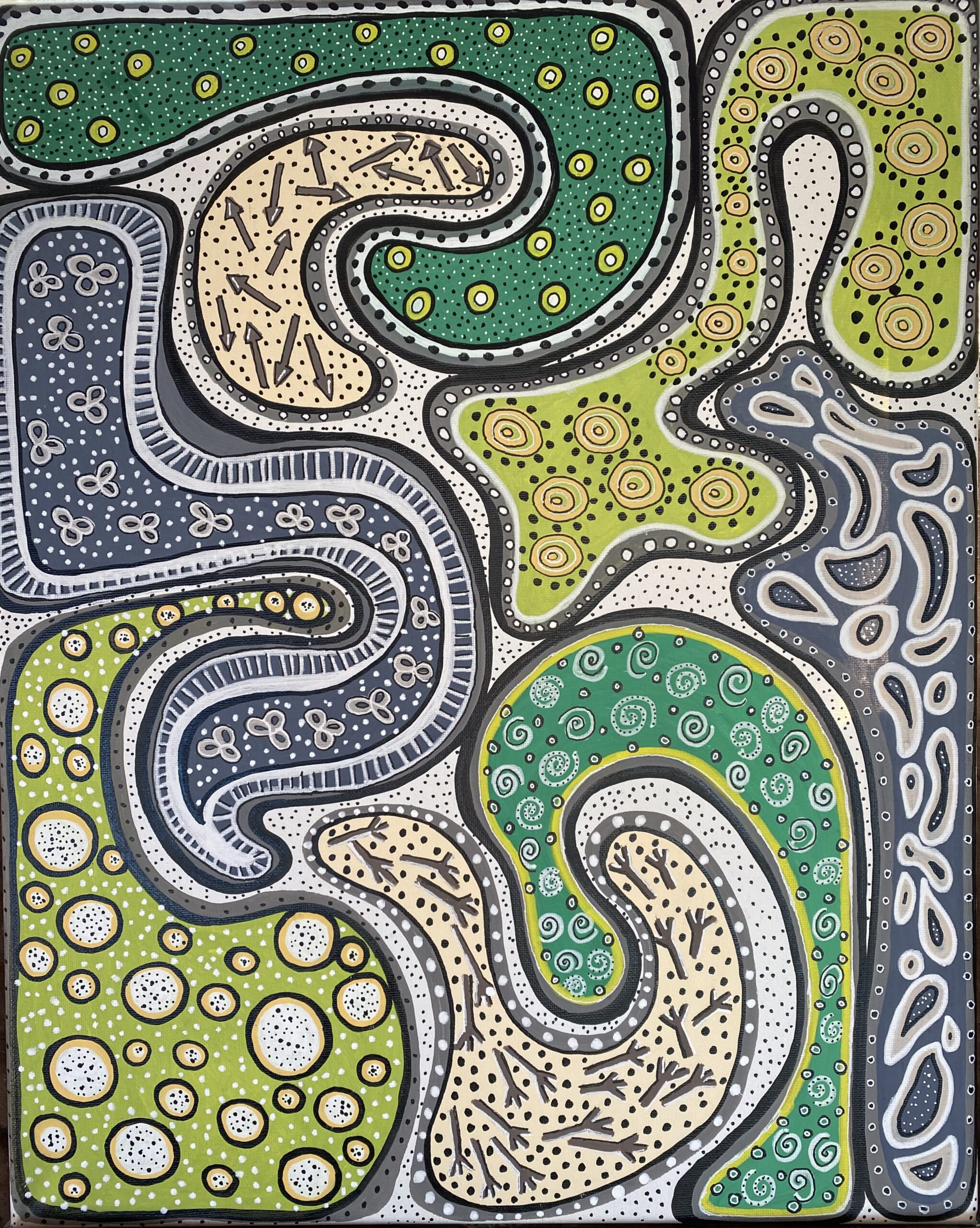 This piece is my first larger work in recent years. The title “Adelaide” Is homage to the city in Australia. Green, Yellow and Tan ameba shaped blobs fit onto the canvas like a puzzle coming together. Inside each shape are other shapes like a fractal image.