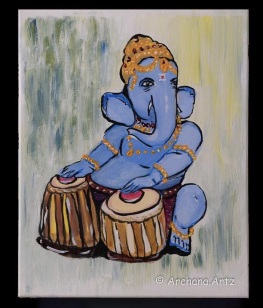 Acrylic painting of the Hindu deity Ganesha who is depicted with the head of an elephant. In this painting Ganesha is blue and wearing a golden head piece and jewelry on the arms and legs. Seated in the center of the canvas playing a pair of drums. The background is a light textured was of greens and yellow.