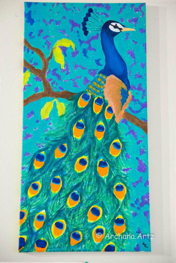 Acrylic painting of a colorful peacock sitting on a branch that goes horizontally across the canvas. The peacock is painted in shades of blue and orange and yellow. The background is teal with purple splotches that create a unique texture