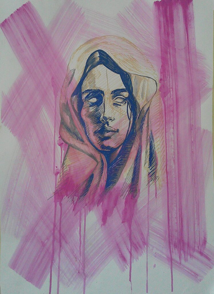 Robed in clothe is a statues women sight unseeing. With aggressive pink paint swipes across her, dripping from her frame. A powerful presentation of a women with stereotypical "soft" elements