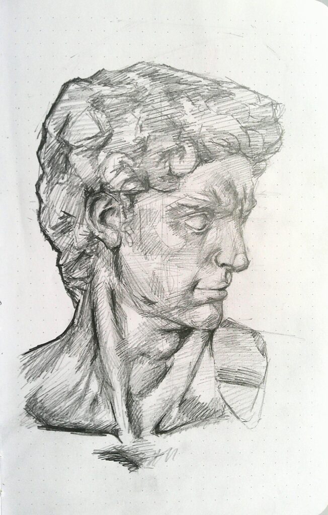 Pencil on Dotted Paper, Male Bust with Traditional Greek Hairstyle
