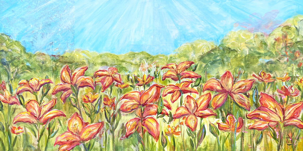 Horizontal landscape with foreground filled with yellow and orange day lilies. Set in the background is a horizon of dark green trees. The sky is cloudless with sunlight rays beaming on the flowers.