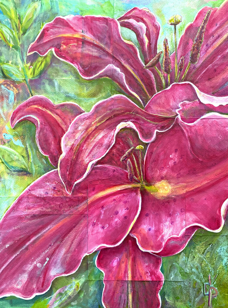 A floral painting featuring two dark pink stargazer lilies with white tipped curvy petals extending to all sides of the image. The blooms are open to the viewer but facing upward. The background is a blend of greens with a suggestion of leaves.