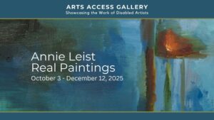 Abstract painting by Annie Leist. Predominately shades of blue and teal, with a red and orange focal point on the right.